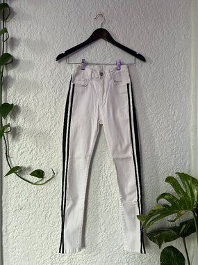 Stripe High Rise White Skinny Jeans